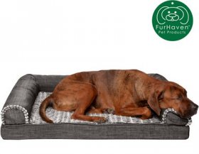 FurHaven Luxe Fur & Performance Linen Memory Top Sofa Cat & Dog Bed w/Removable Cover