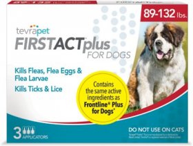 TevraPet FirstAct Plus Flea & Tick Spot Treatment for Dogs, 89 - 132 lbs, 3 Doses (3-mos. supply)