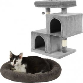 Bundle: Frisco Self Warming Bolster Round Bed, Gray + 33-in Faux Fur Cat Tree & Condo, Gray