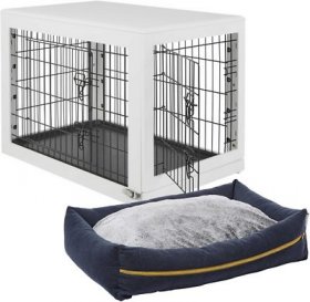 Bundle: Frisco Heathered Woven Reversible Modern Zipper Bolster Be, Gray + Double Door Furniture Style Dog Crate, White, Intermediate, 36-in L x 23-in W x 26-in H