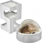 Bundle: Frisco 28-in Modern Tree & Condo, Gray + Hooded Zipper Self-Warming Cat & Dog Covered Bed, Gray Basket Weave, Small