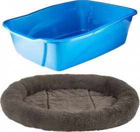 Bundle: Frisco Self Warming Bolster Round Bed, Gray + Van Ness Cat Litter Pan, Blue, Large
