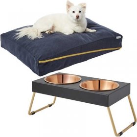 Bundle: Frisco Heathered Woven Zipper Orthopedic Pillow Bed, Large + Copper Stainless Steel Elevated Foldable Double Dog & Cat Bowls, 5.75 Cups