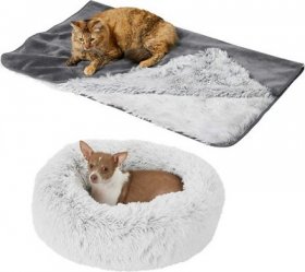 Bundle: Frisco Eyelash Bolster Bed, Silver + Eyelash Cat & Dog Blanket, Silver