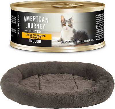 Bundle: American Journey Indoor Minced Chicken Recipe in Gravy Canned Food + Frisco Self Warming Bolster Round Cat Bed, Gray