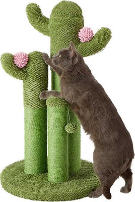 Bundle: Frisco Self Warming Bolster Round Bed, Gray + Cactus Cat Scratching Post, 33-in, Tri-post