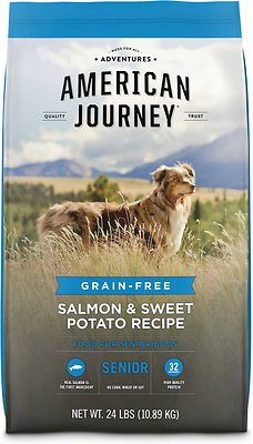 Bundle: American Journey Senior Salmon & Sweet Potato Recipe Grain-Free Dry Food + Frisco Plush Orthopedic Pillow Dog Bed w/Removable Cover, Gray, X-Large